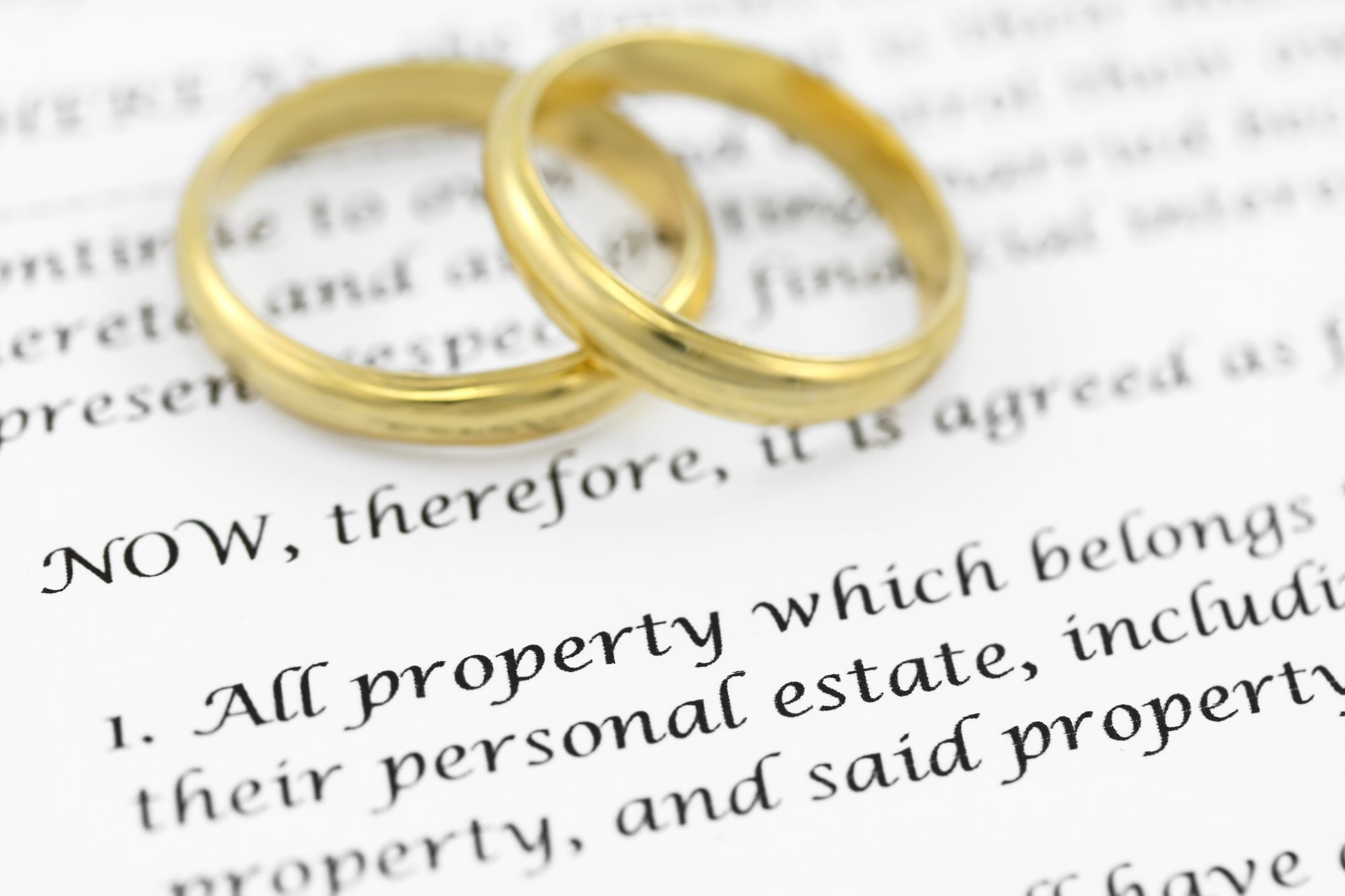 Printed prenuptial agreement with two golden wedding bands